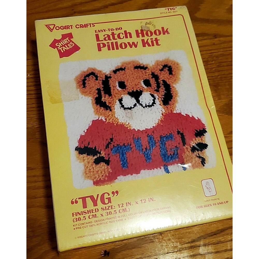 Vintage 1981 Vogart Latch Hook Pillow Kit Shirt Tales TYG Style 9221 12x12 Tiger